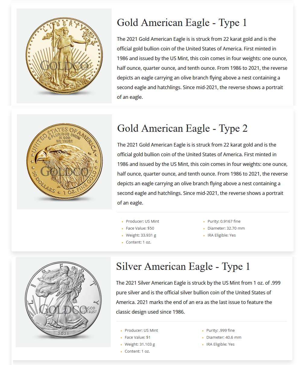 Goldco IRA eligible gold and silver bullion
