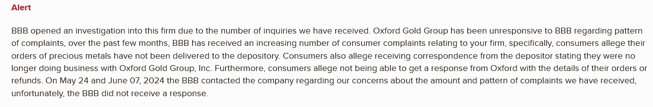 BBB Alert for Oxford Gold Group