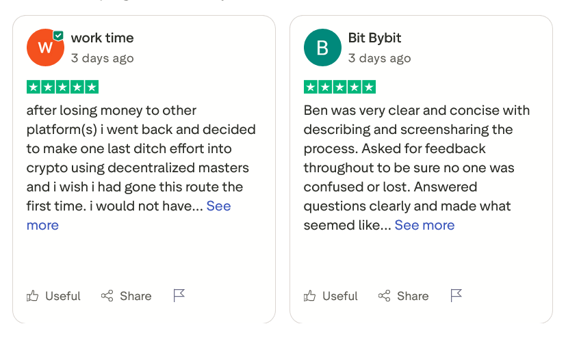 Decentralized Masters Trustpilot Reviews